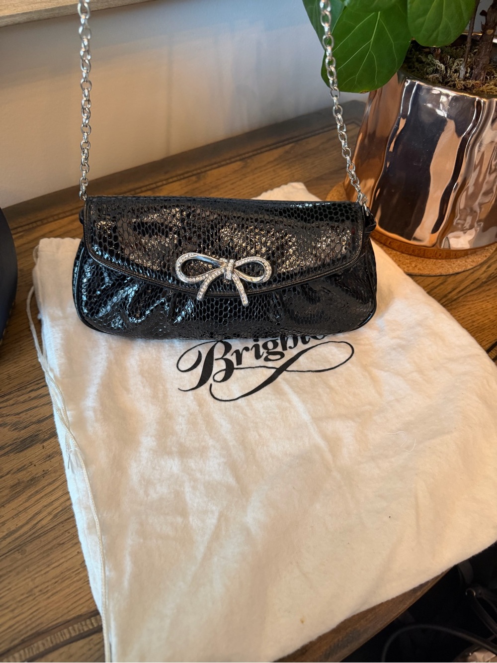 Brighton Black Patent Bow Accent Chain Shoulder Bag